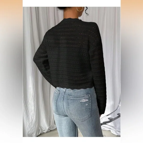 Tie Front Cardigan Scallop Crewneck Long Sleeve Knit Sweater - Picture 2 of 7